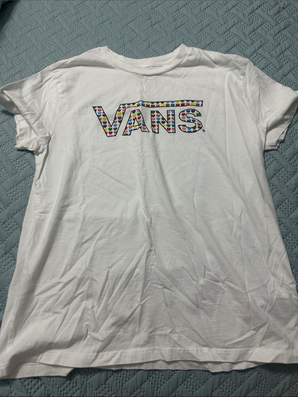 Vans White Tee with Multicolor Heart Logo size medium